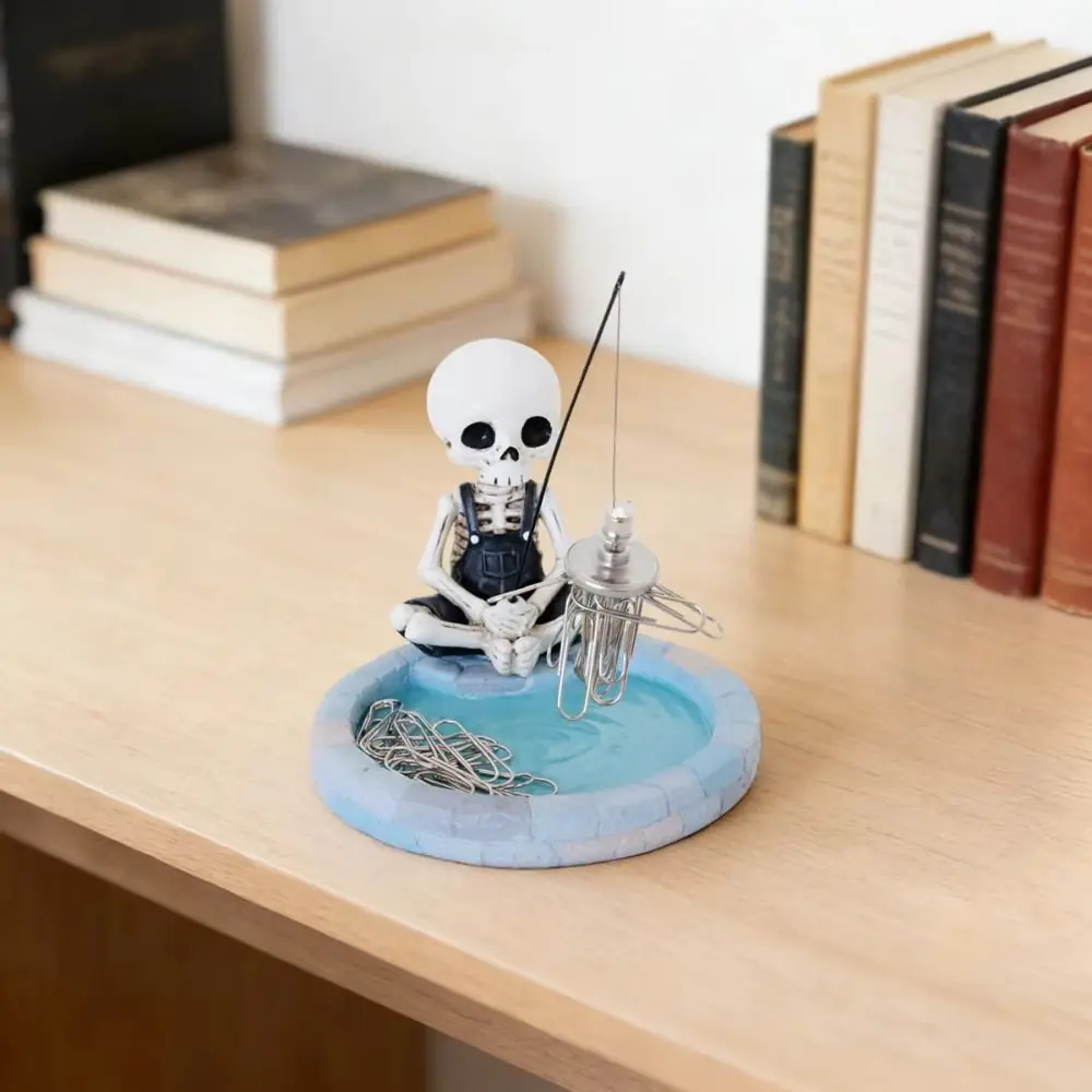 Magnetic Skeleton Fishing Paper Clip Holder Creative Design Pool-shaped base Skull Decor Figurine Resin Fishing Skeleton