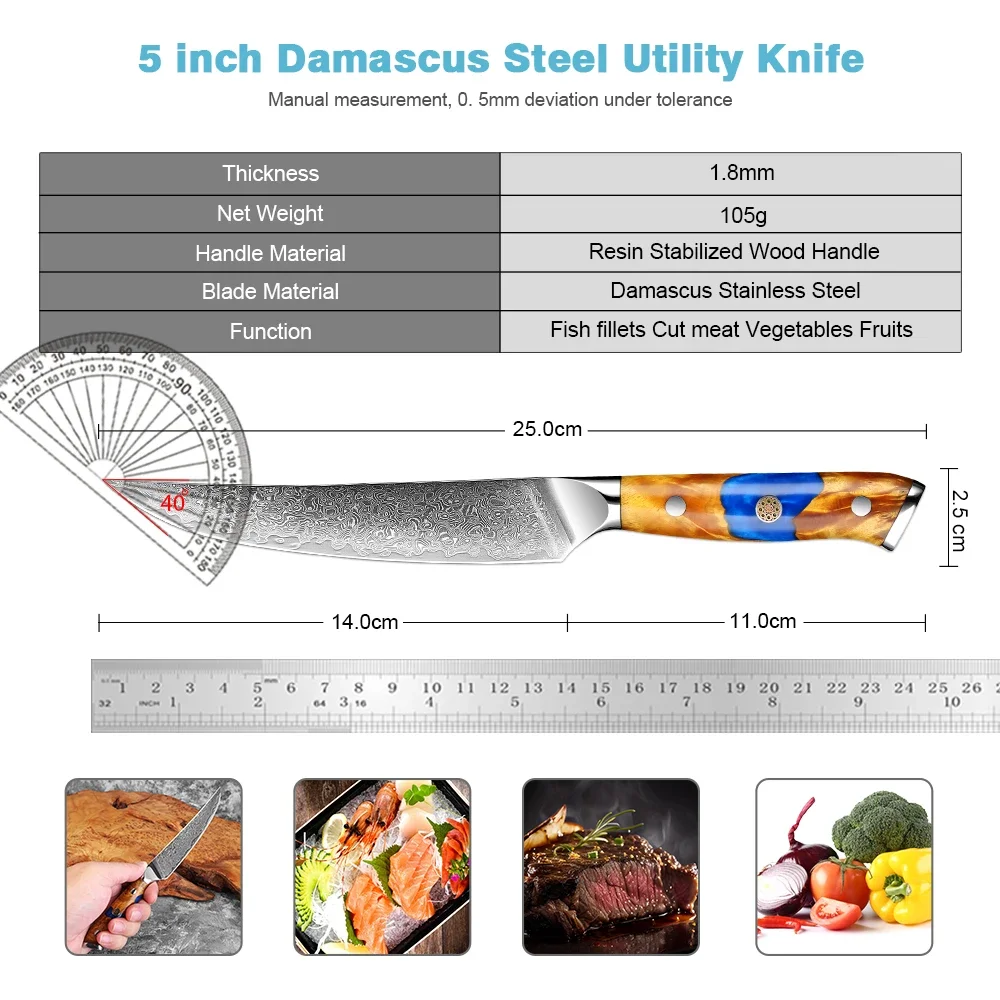 Japanese 5 Inch Kitchen Utility Knife,Damascus Steel Sharp Small Chef Knife, Full Tang Paring Knife Stabilized Wood&Resin Handle
