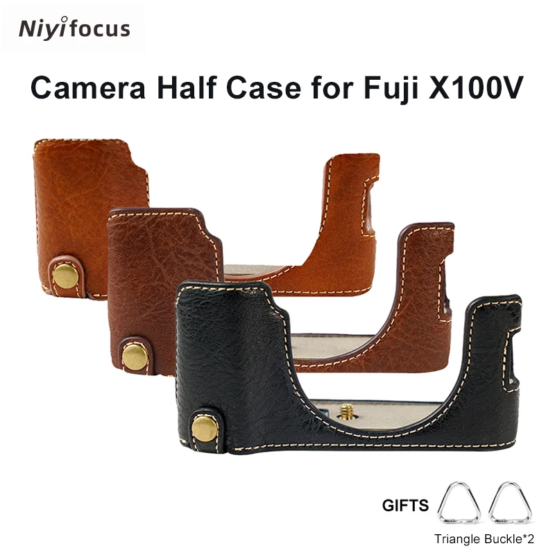 PU Leather Camera Half Case for Fujifilm X100V Body Protector with Triangle Buckle Gift Retro Vintage Camera Case Accessory
