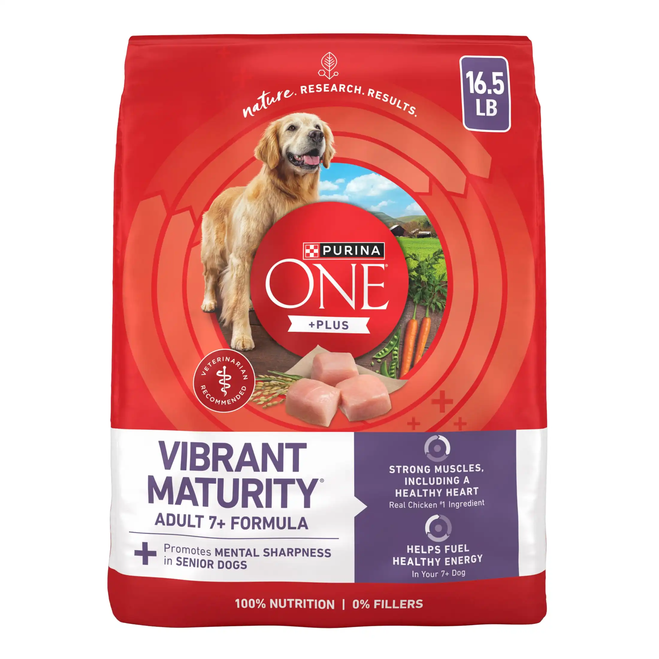 Dry dog food formulated for senior dogs aged 7 years and older with real chicken as the primary protein source in a 16.5 lb bag