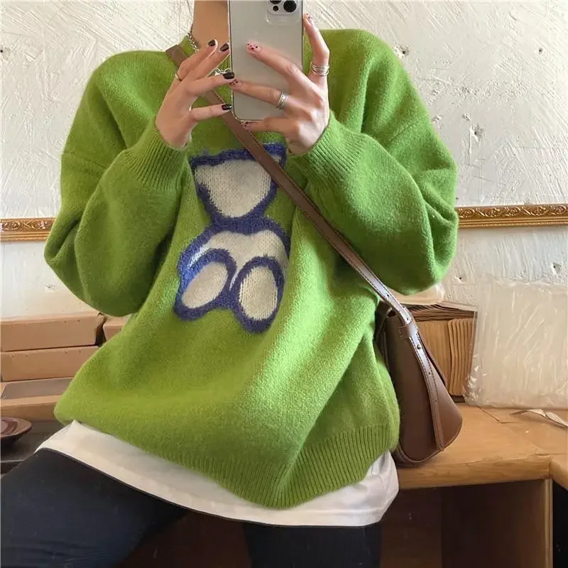 

Chic Bear Cartoon Sweater Women Korean Loose Casual Pullovers 2023 Spring Autumn New Fashion Cottagecore Sweet O Neck Sweater