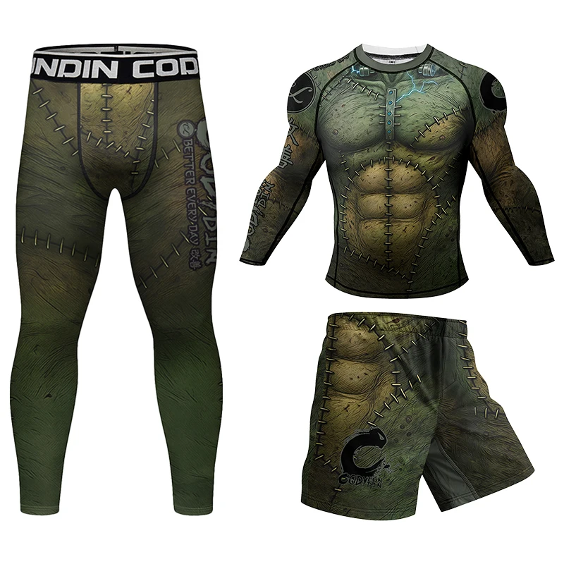 Green Muscel Combat MMA Fightwear Boxing Set Compression Men Sport T-shirt+Pants Rashguard Jitsu Bjj Rash Guard KickBoxing Sets