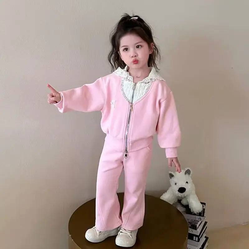 

Girls Suit 2025 Autumn New Children's Clothing Korean Style Girl Baby Lace Pearl Sweater Pants Two Sets of Casual Simple Daily