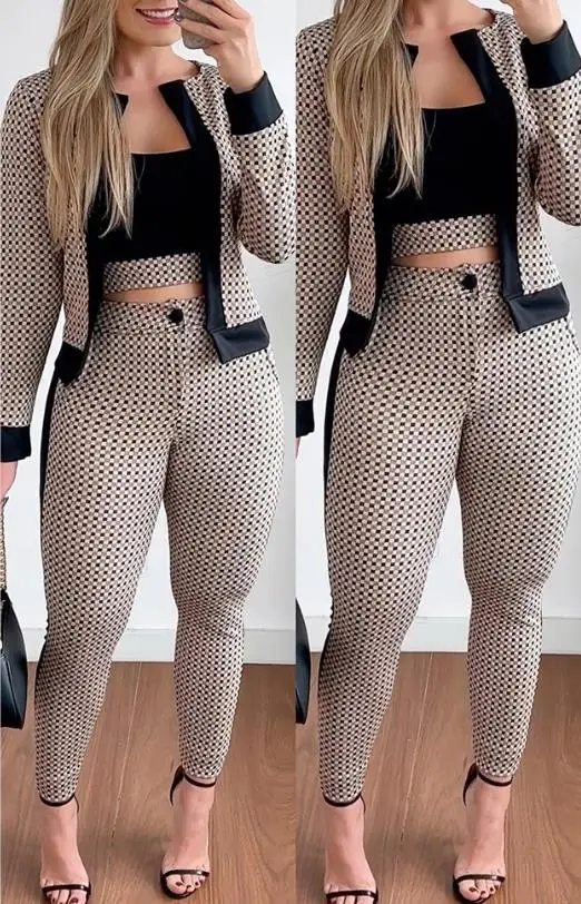 Conjunto de dos piezas con estampado a cuadros para mujer, abrigo de manga larga con paneles en contraste y Parte delantera abierta, pantalones