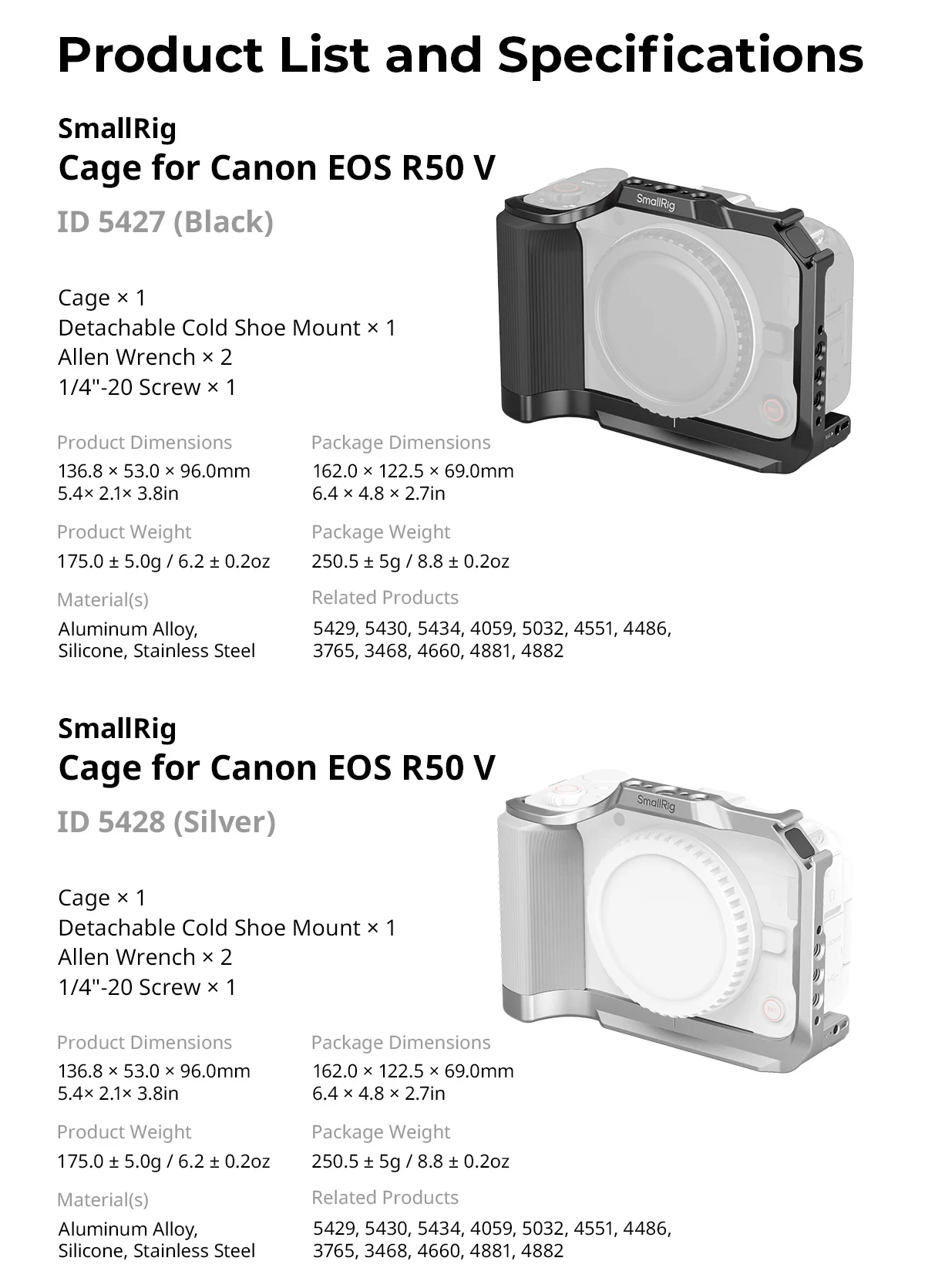 SmallRig Cage สําหรับ Canon EOS R50 V พร้อมซิลิโคน L-Shaped Grip Mount แผ่น USB-C สาย CLAMP Furry กระจกชุดสําหรับกรง