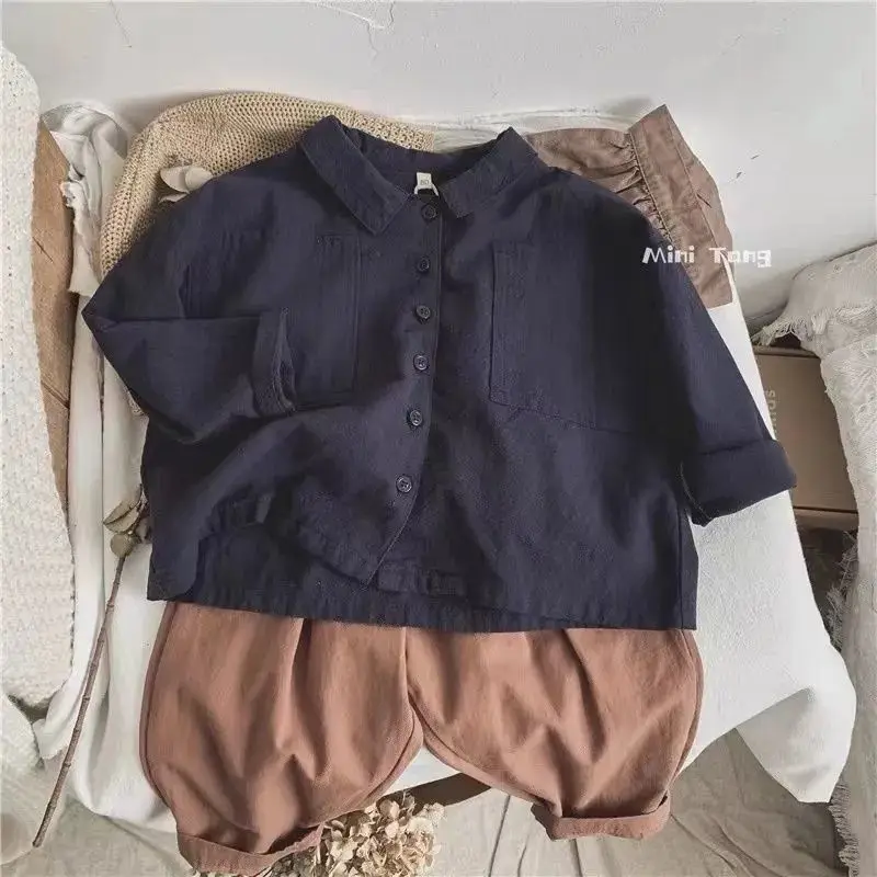 Children\'s shirt Japanese style retro bat sleeve lapel cotton and linen spring and autumn baby boy top boy outerwear shirt,W109