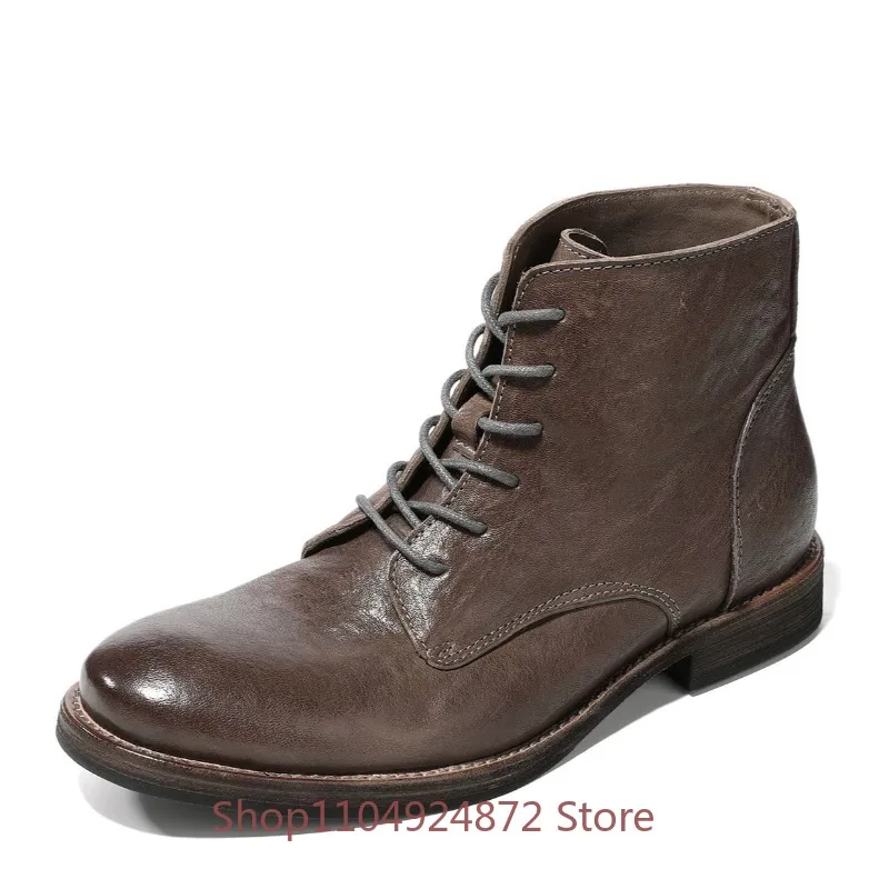 British Style High Top Genuine Leather Lace Up Casual Dress Boots Men's Handmade Daily Office Walking Shoes Male Chelsea Boots