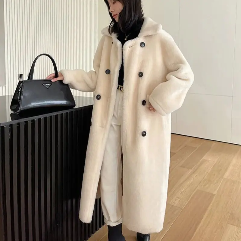 Women Casual Elegant Loose Coat Chic Solid Overcoat Female Fashion Fall Winter 100% Shearling Outerwear Oversized GT6416