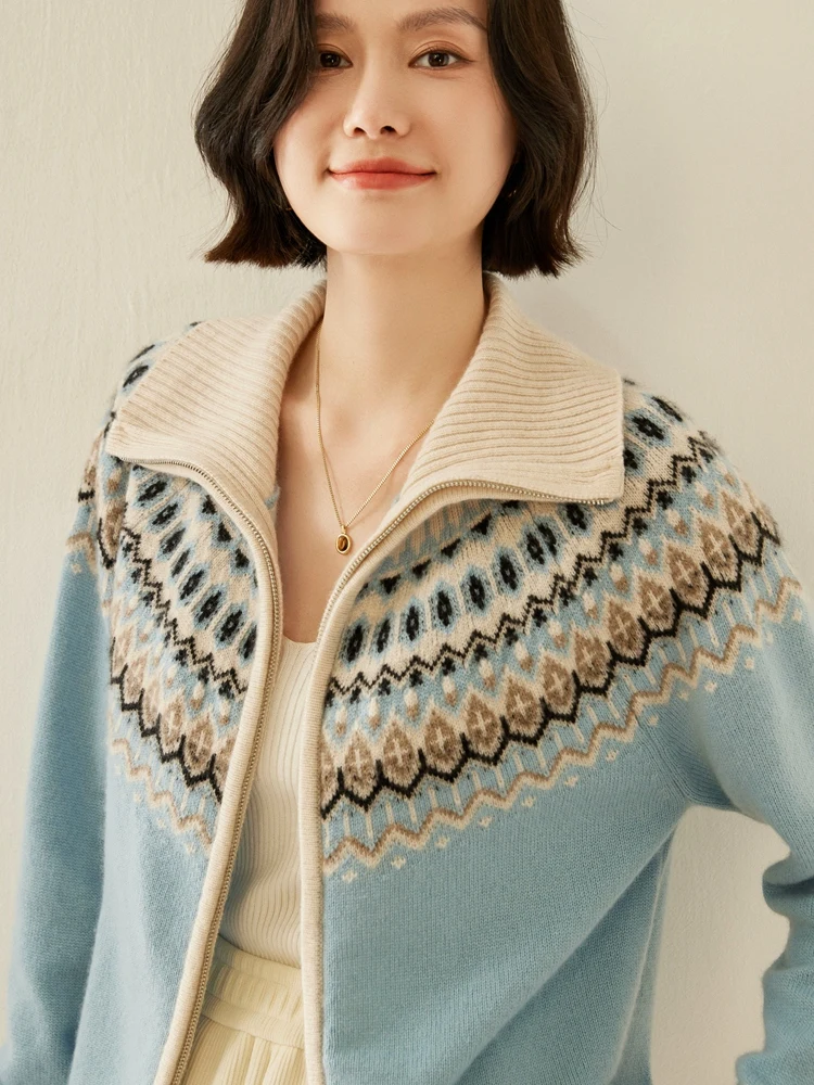 TLOML Damski Sweter Kaszmirowy Vintage Faire Isle Rozpinany na Zamek Jesień Zima 100% Kaszmir Dzianina Gruba Ciepła Wysoka Jakość