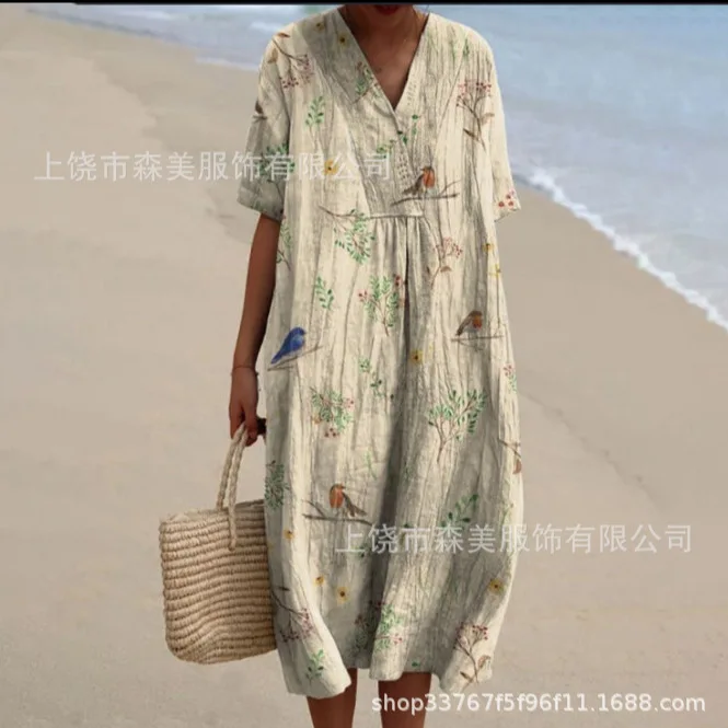 

2025 New Printed Crew Neck Pullover Fashionable Splicing Women's Dress