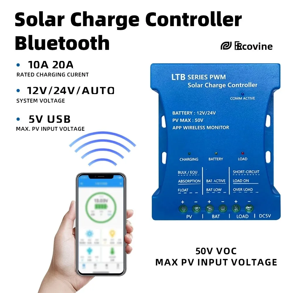Solar Panel Charge Controller Bluetooth 12V 24V PWM 10A 20A Automotive Battery Charger Regulator  USB Output 5V Max PV 50V DC