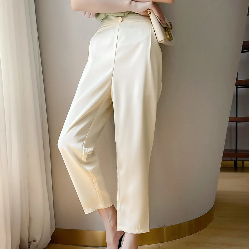 

2023 New Women Black White Ice Silk Satin Harem Pants Summer New Mid Waist Casual Loose Ankle Length Stretch Cropped Trousers