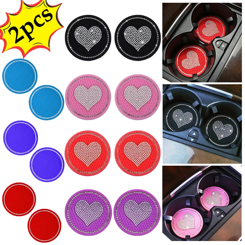 2Pcs Universal Car Heart Shape Diamond Coaster Popular Water Cup Pad Non-Slip Mat Silica Pads Auto Interior Decor Accessories