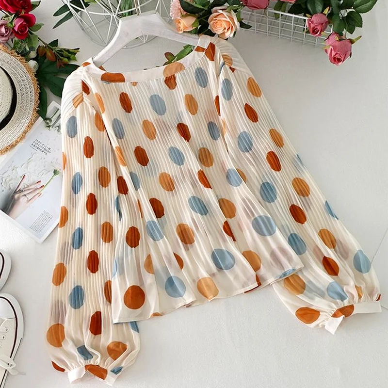 

Shirt Women Summer Sun Protection Sheer Top V-Neck Polka Dot Lantern Sleeve Sexy Female Clothes All-match Daily Ulzzang Elegant