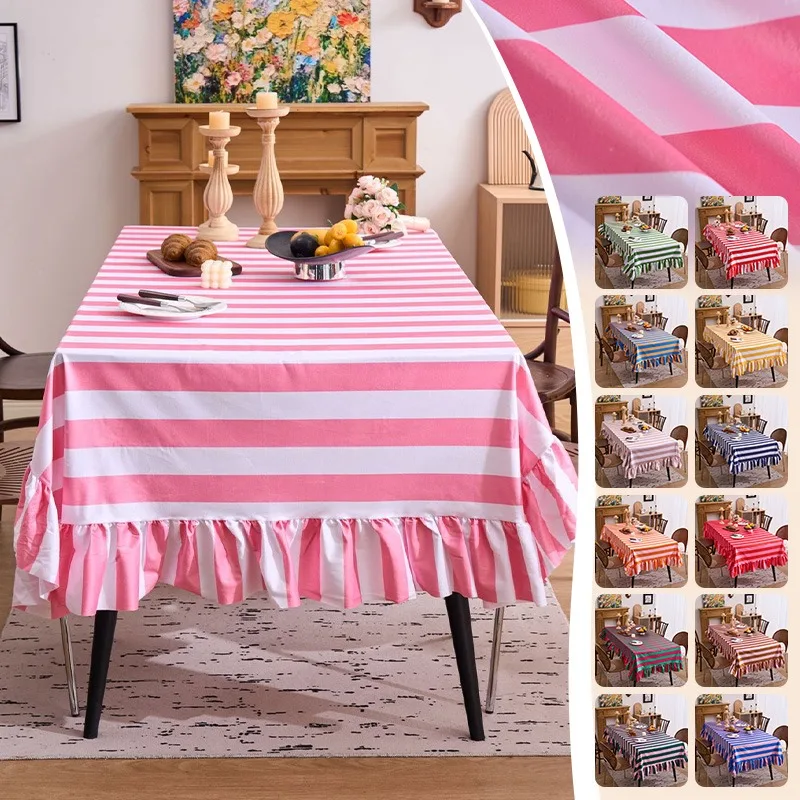 Striped Holland Velvet Tablecloth with Ruffled Skirt Edge Decorative Table Cover for Dining Table Home Tabletop Decoration