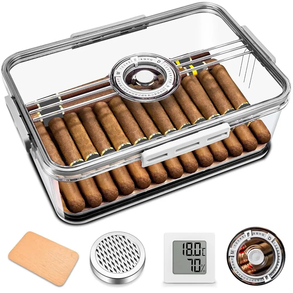

Acrylic Cigar Humidor Tupperdor- Airtight with Spanish Cedar Paper, Humidifier & Hygrometer, Portable Cigar Humidor Clear Cig