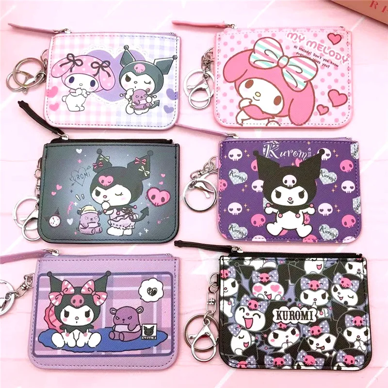 Sanrio Cute Kuromi Card Holder Coin Purse Woman Cartoon Cute Cinnamoroll Kulomi Printed PU Leather Zipper with Keychain Card Bag