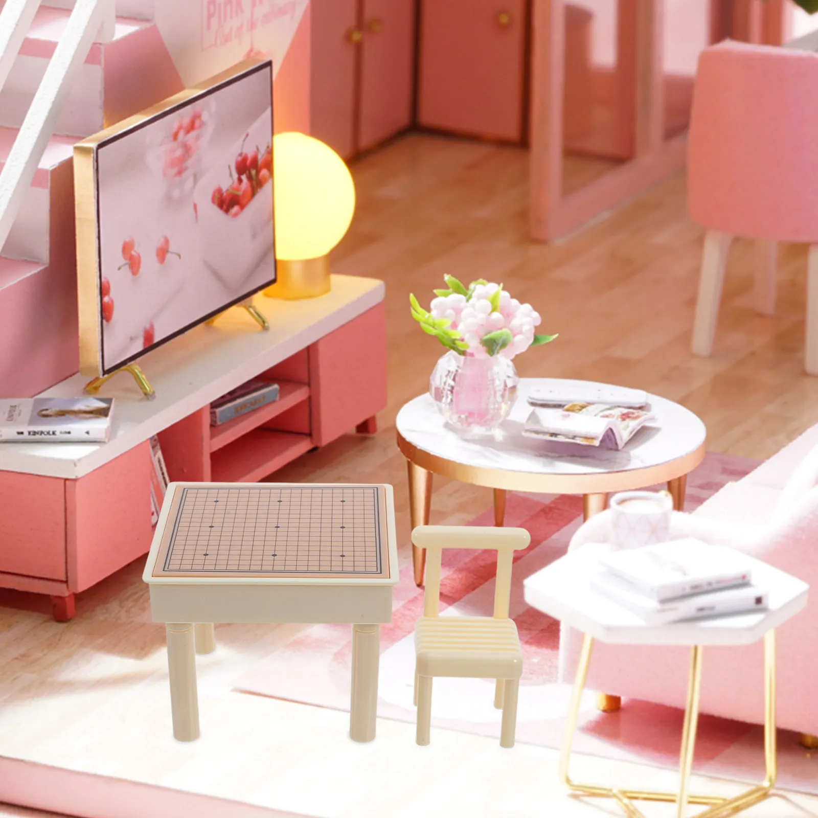 

1Set Miniature Dollhouse Chess Table Chairs Set Simulation Furniture Creative Play Indoor Outdoor Board Game Miniature