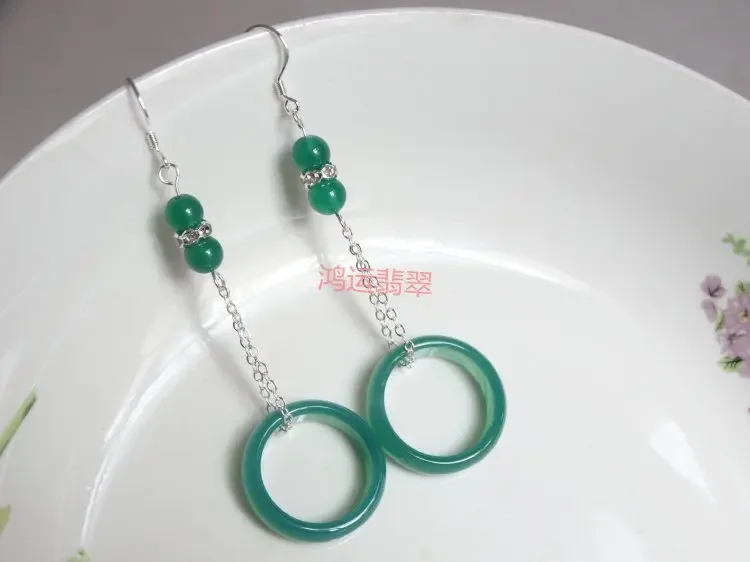 925 Silver Inlaid Natural Green Agate Ring Earrings Original DIY By Hand Accessories  Bead Gift Women Stone Jewelry