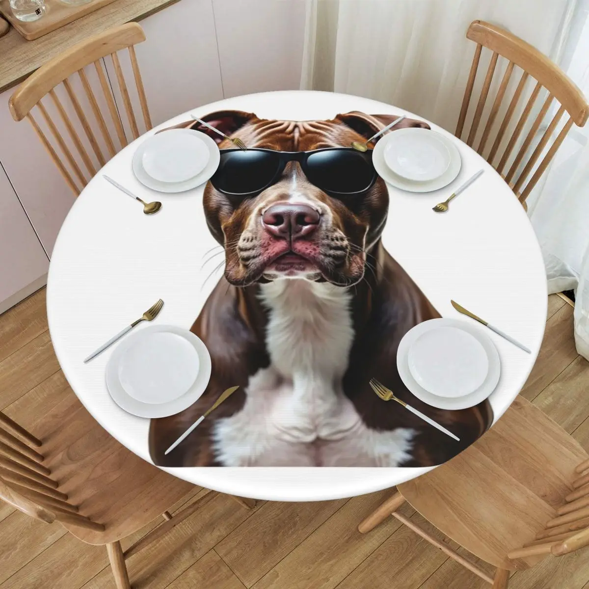 Funny Cool Pitbull Wearing Sunglasses Waterproof Round Tablecloth Oilproof Table Cloth for Kitchen Events Dining Table Cover