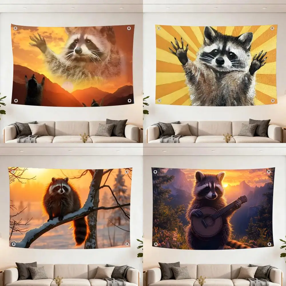 Sunset Raccoon Flags Decoration Flag Indoor Outdoor Hanging For Bedroom Living Room Bar Garden Party