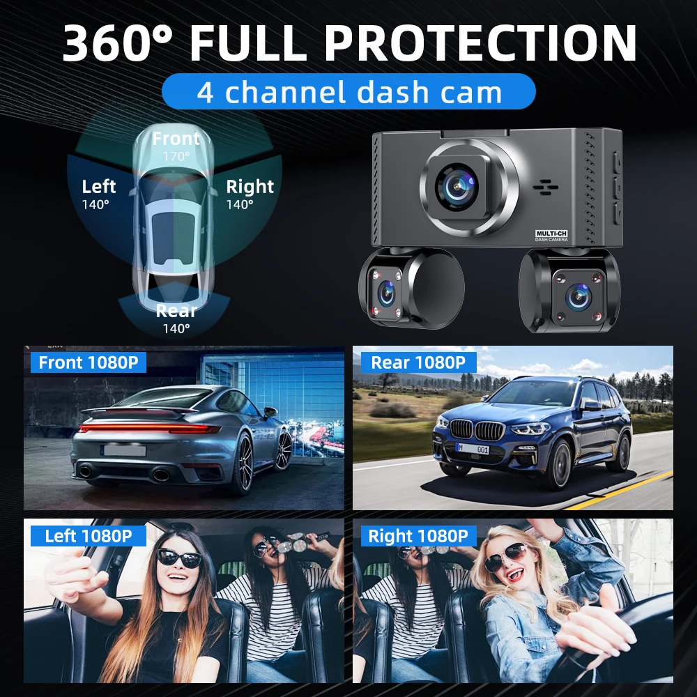 2K QHD 64G 4Channels Dash Cam Built-in WiFi GPS 24H Parking Monitoring Car DVR G-Sensor Loop Recording Night Vision Black Box
