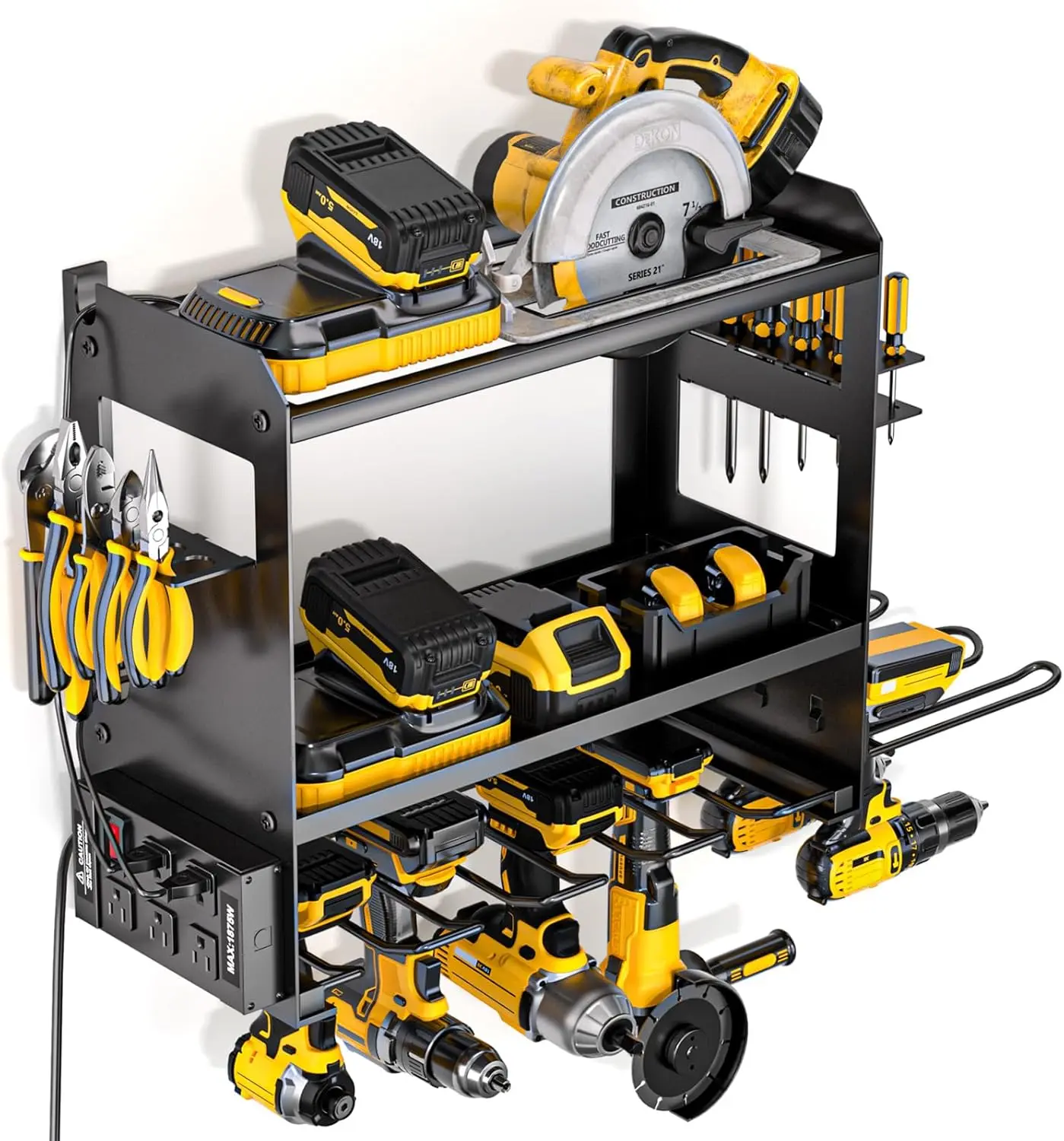 

Wall Mount Tool Organizer with Charging Station, Heavy Duty Drill Holder and Battery Storage for Garage - Black