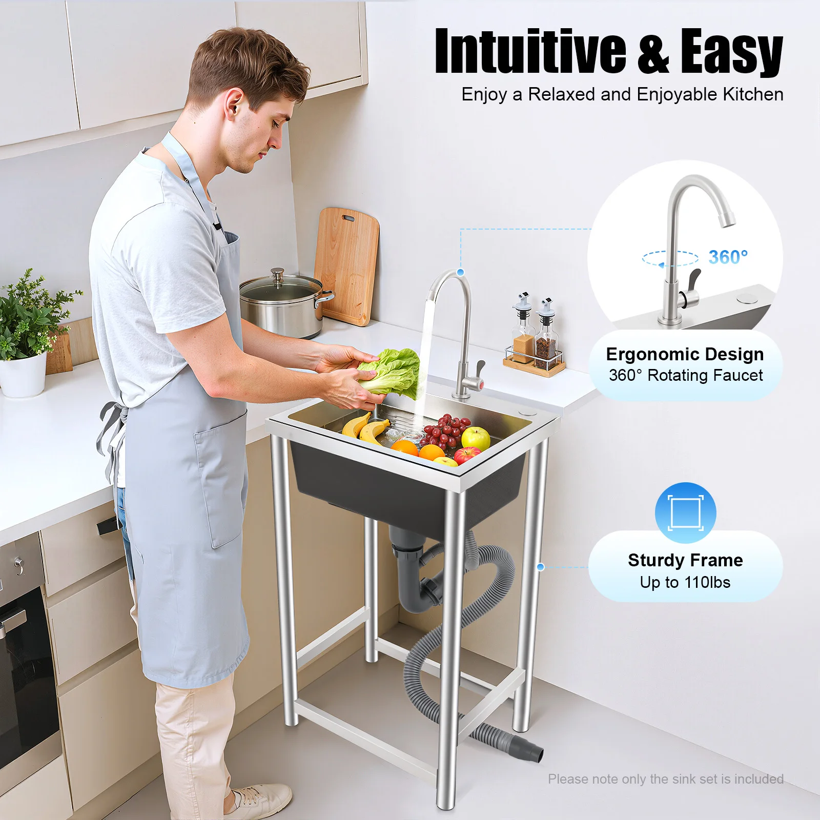 

Durable Scratch&Corrosion-Resistant Sink 360° Rotatable Faucet V-Shaped Drain Anti-Odor&Anti-Block Design Thick Silent Pad