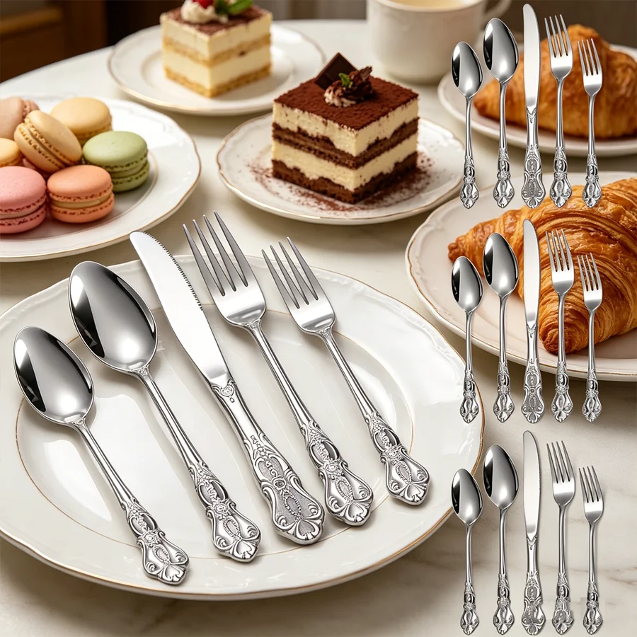 Juego de cubiertos elegante de color plateado para 4 personas, 20 piezas. Presenta un mango hueco de acero inoxidable y incluye una tenedor, cuchara y espátula.