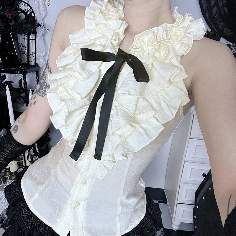 Goth Dark Sweet Lotus Leaf Collar Tanks Tops Mall Gothic Sleeveless Button Shirts Blouses Women Cyber Y2K Vest Fashion Techwear