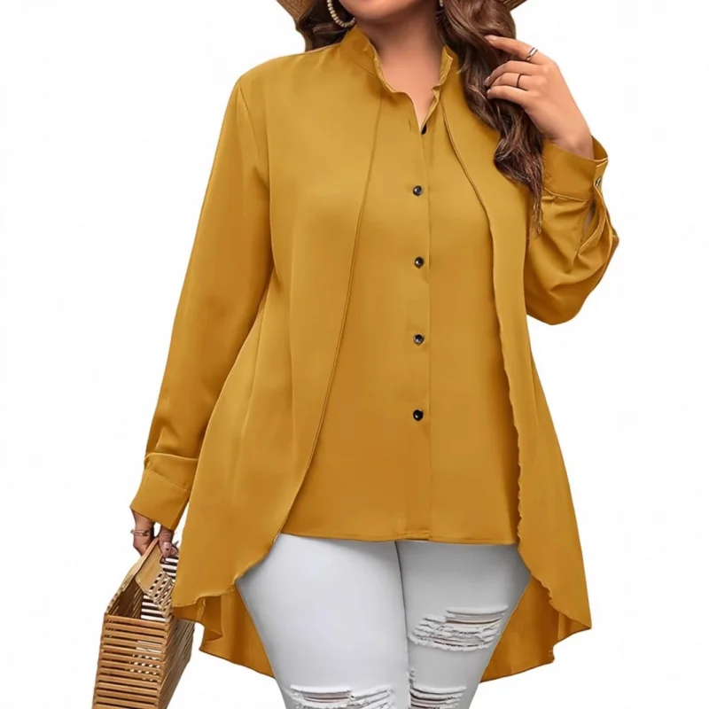 

2025New Popular European and American Women's Clothing Solid Color False Two-Piece round Neck Collar Long Sleeve Spring and Summ