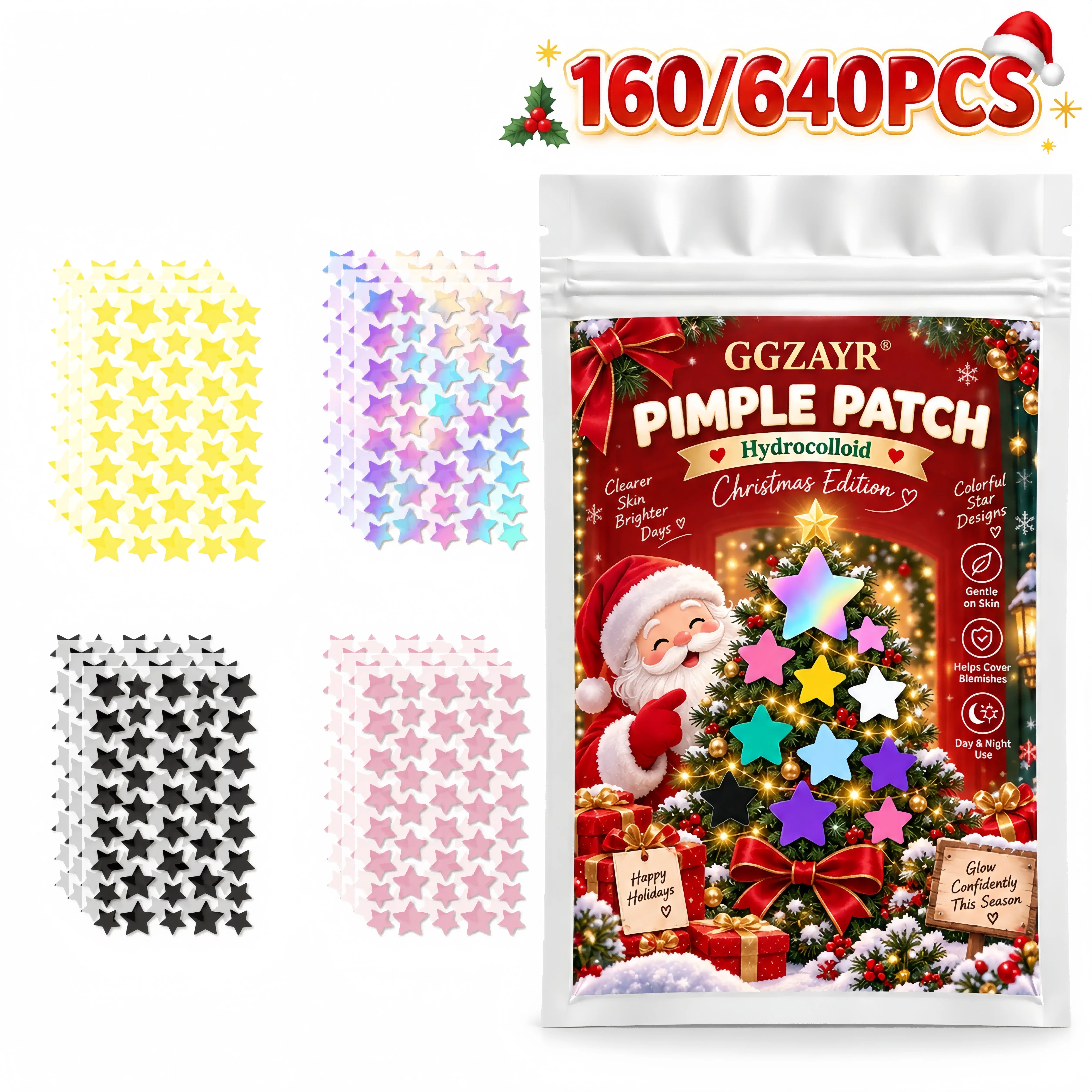 160/640PCS Colorful Star Pimple Patches, Hydrocolloid Face Spot Stickers, Christmas Edition