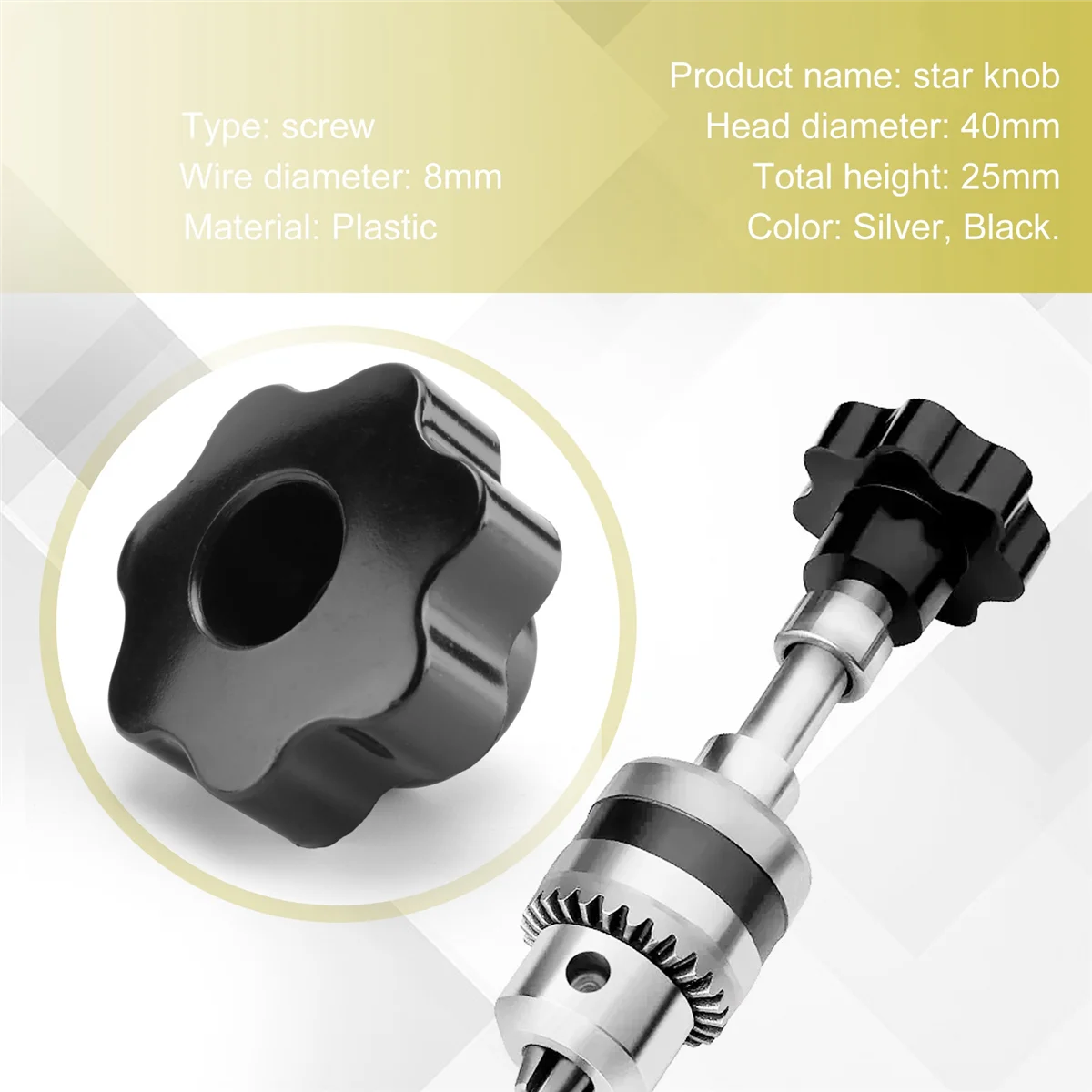 Lèvent de poignée en étoile noire, diamètre de la tête, filetage 600, 8mm, 40mm, 5 pièces