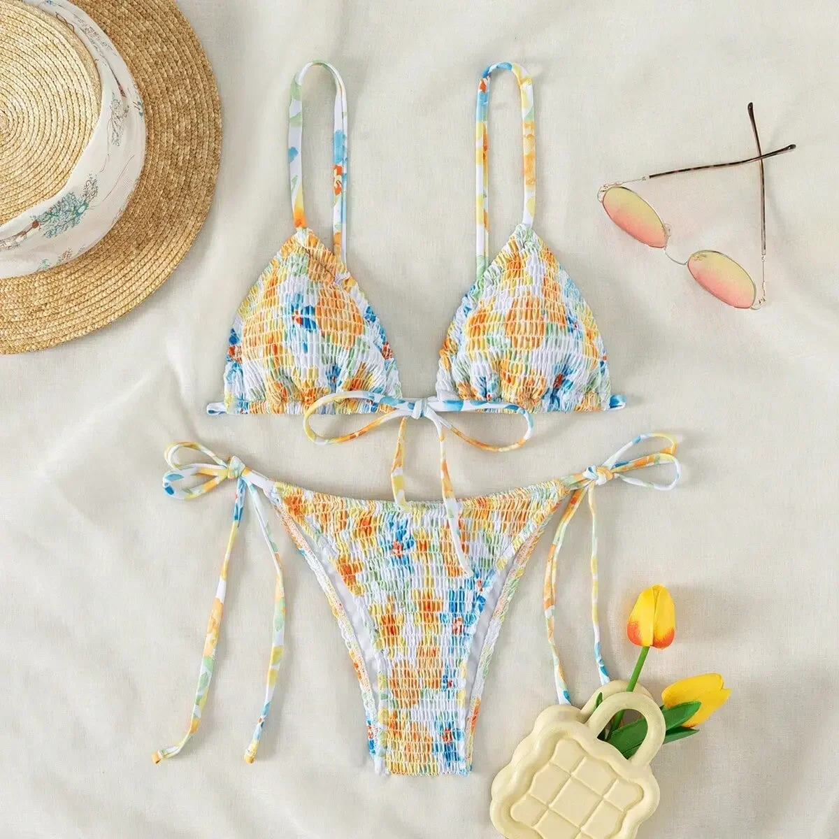 

2024 New Tie Dye Print Women Swimsuit,2-piece Mini Bikini Set,triangle Cup Suspender Backless Low Waist Thong Bathing Suit Y272