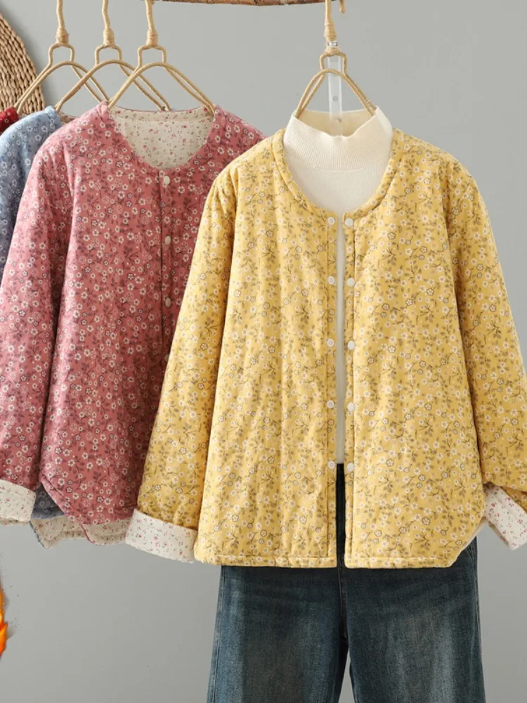 

Большой размер, домашняя одежда с цветочным принтом в стиле ретро, хлопковое тюре с воротником, женское зимнее свободное повседневное теплое пальто с хлопковой подкладкой