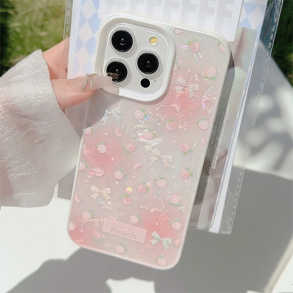 Luxuriöse süße rosa Schleife, Pfirsichmuschel-Muster, Handyhülle für iPhone 16, 15, 14, 13, 12, 11, Pro Max, stoßfeste Stoßstangen-Schutzhülle
