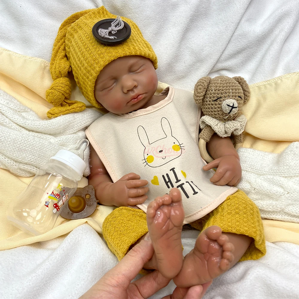 50cm Dark Skin Loulou Can Open Mouth Full Solid Silicone Reborn Baby Doll Weighted Doll Anatomically Correct for New Parents