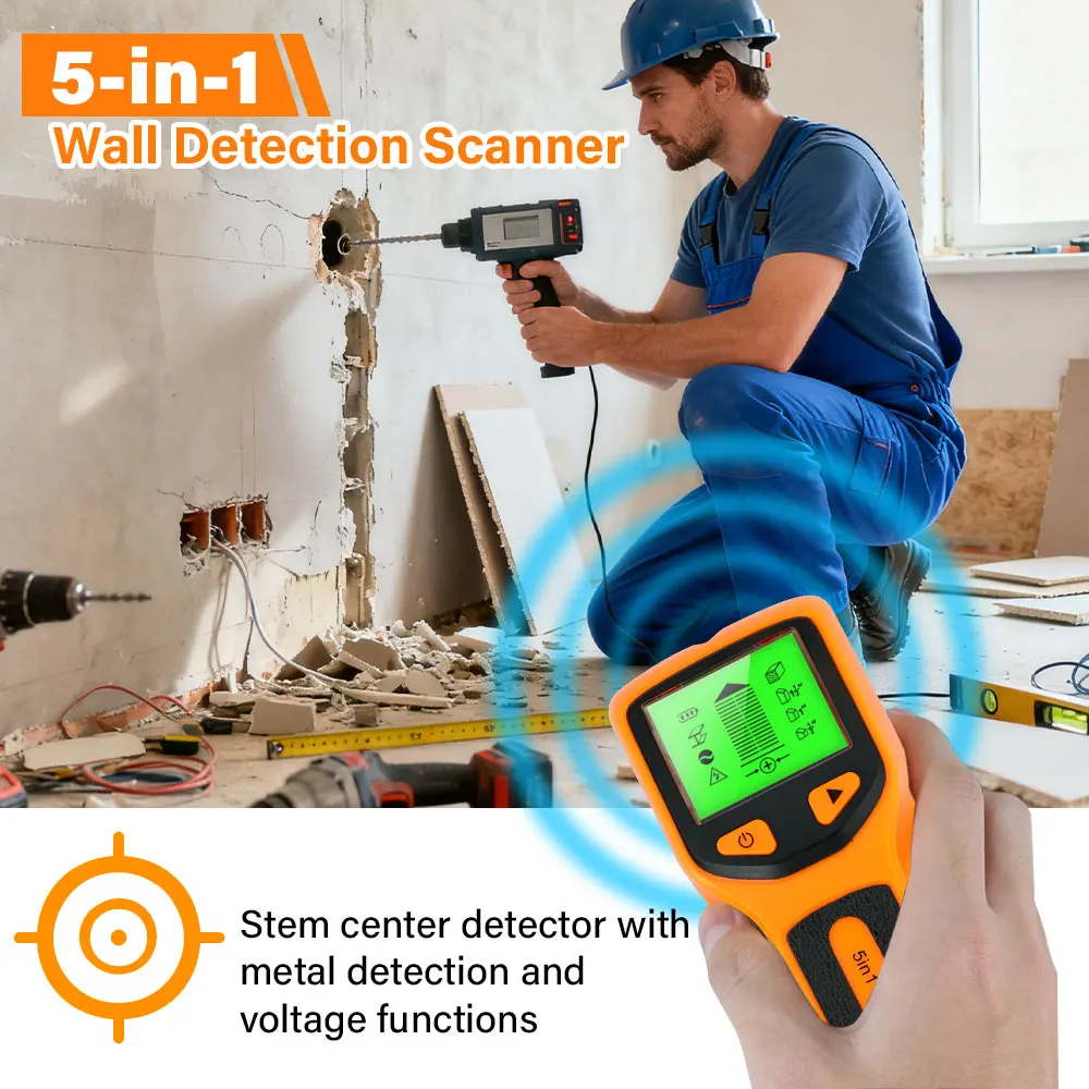 Handheld 5 in 1 Digital Wall Stud Detector Wood Scanner Metal Finder for Live AC Wires Cables PVC Water Pipe