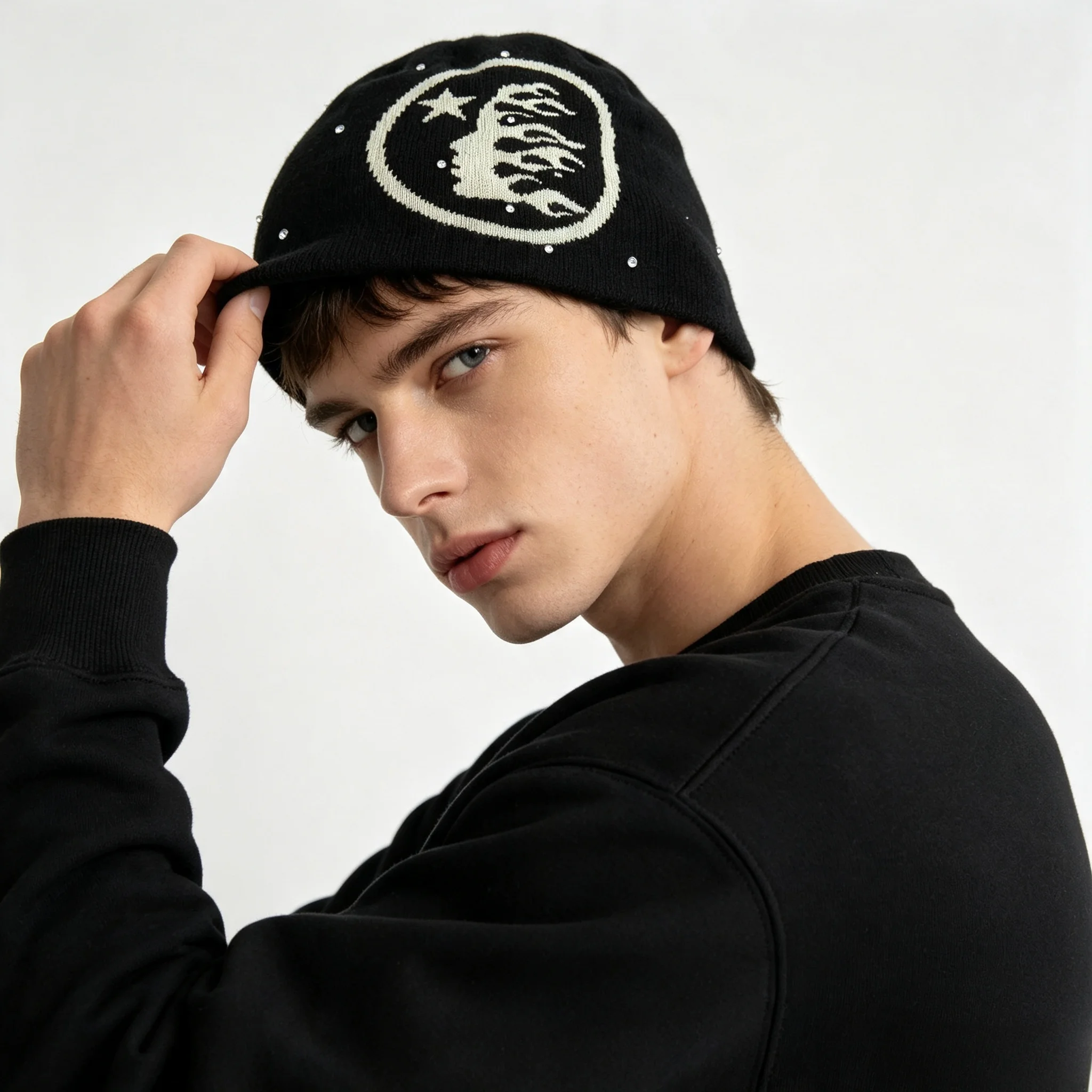 Gothic Tiger Star Pattern Rhinestone DecorKnit BeanieWomen Men Y2K Hip HopStreetWarm Winter ElasticSkull Hat DailyOutdoorHeadCap