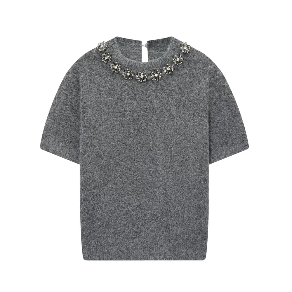 เสื้อถักแขนสั้นประดับลูกปัด คอกลม สไตล์อเนกประสงค์ แฟชั่นใหม่สำหรับผู้หญิง ฤดูใบไม้ร่วงและฤดูหนาว