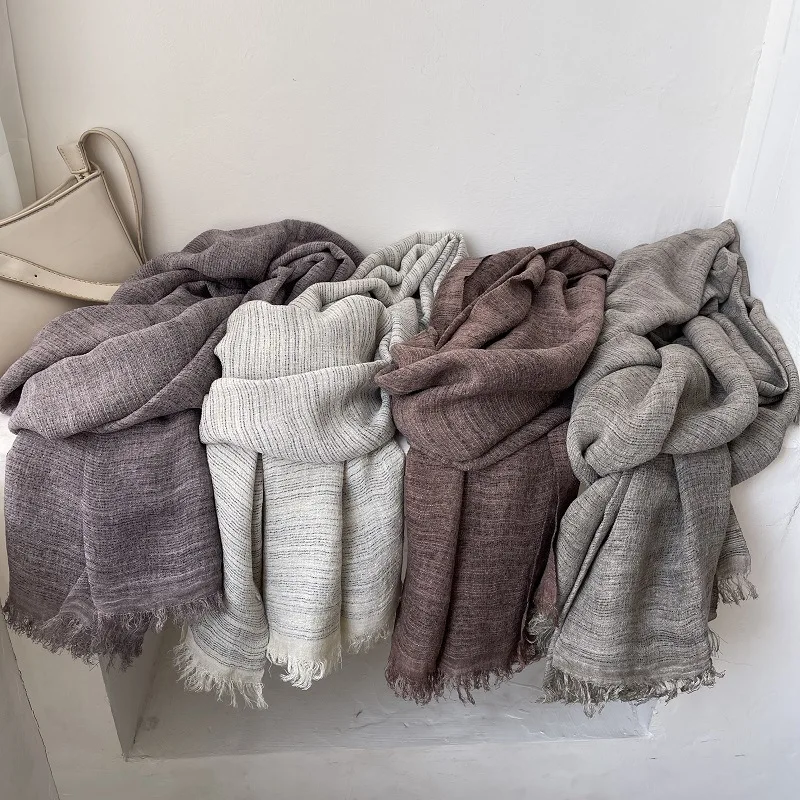 

Scarf Women's Autumn Literary and Artistic Fresh and Versatile Contrasting Color Striped Texture Same Cotton Linen Thin Shawl