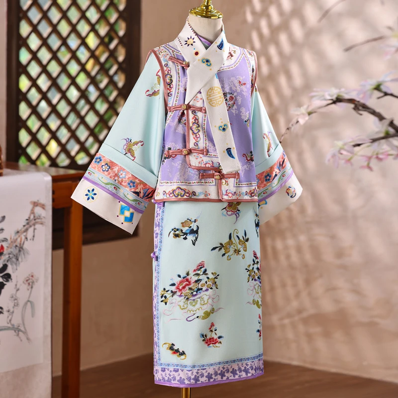 

Детский костюм Ханьфу в стиле династии Цин для девочек — Императорский придворный костюм с вышивкой и принтом, традиционное китайское платье принцессы, 3 предмета