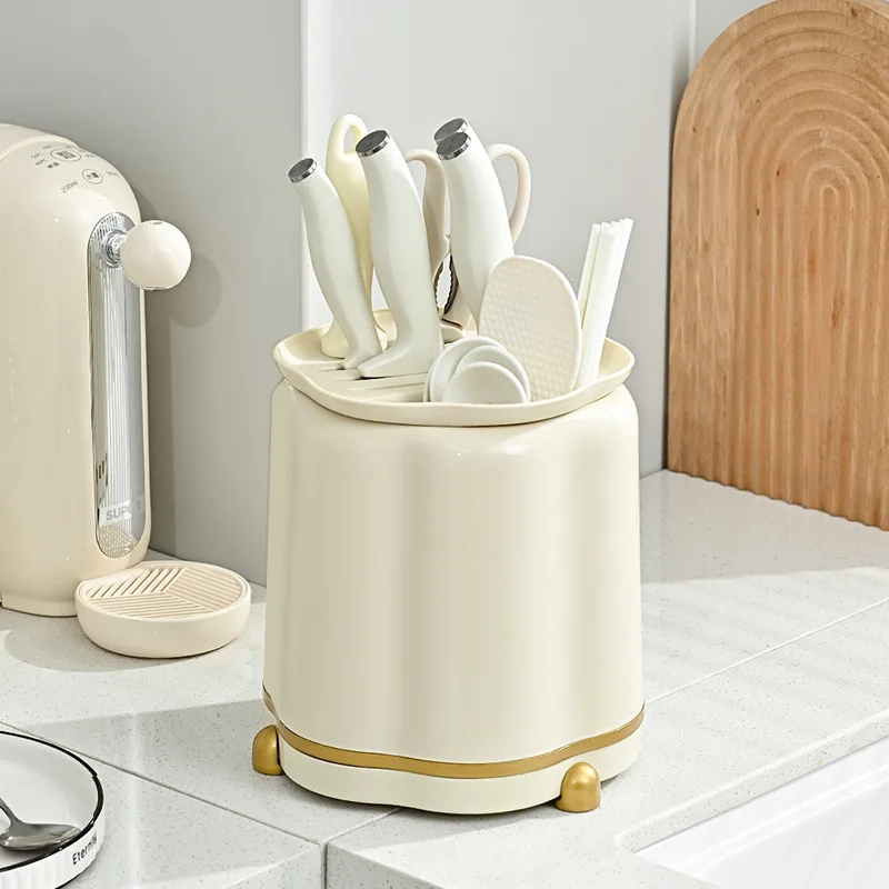Küche Rotierenden Messer Halter Creme Stil Multi-funktionale Messer Lagerung Rack Haushalt Lagerung Rack Integrierte Essstäbchen Halter