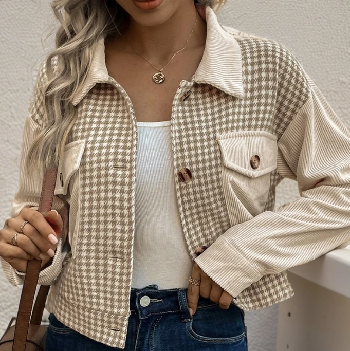 

Women's Coat Fashion New Grid Brushed Cardigan Short Corduroy Patchwork Top Simple Retro Personalized Casual Elegant Coat