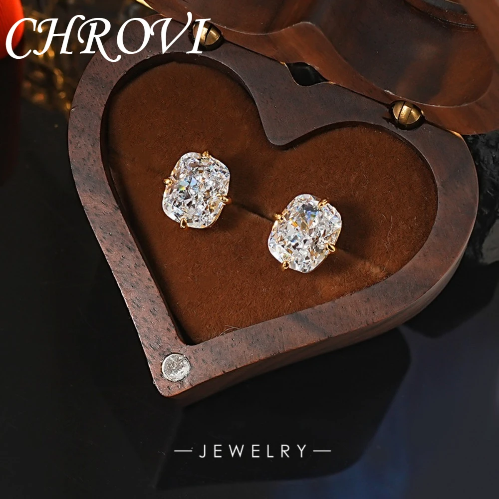 Exquisite 925 Sterling Silver Ice Flower Long Pillow-Shaped White Zircon Stud Earrings Simple Single Diamond Gold Earrings