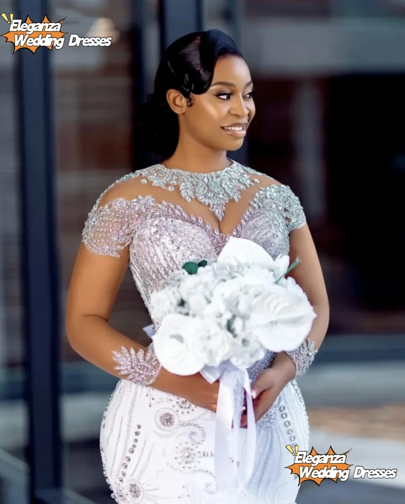Abito da sposa a sirena con perline di cristalli a maniche lunghe personalizzato per la sposa Matrimonio Abiti da sposa africani Aso Ebi a strati in organza 1