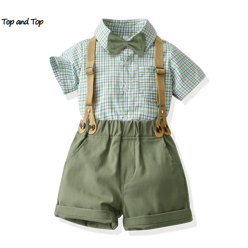 top and top Children Boys Gentleman Clothing Sets Short Sleeve Plaid Bowtie Shirts+Suspenders Shorts Toddler Boy Casual Suits