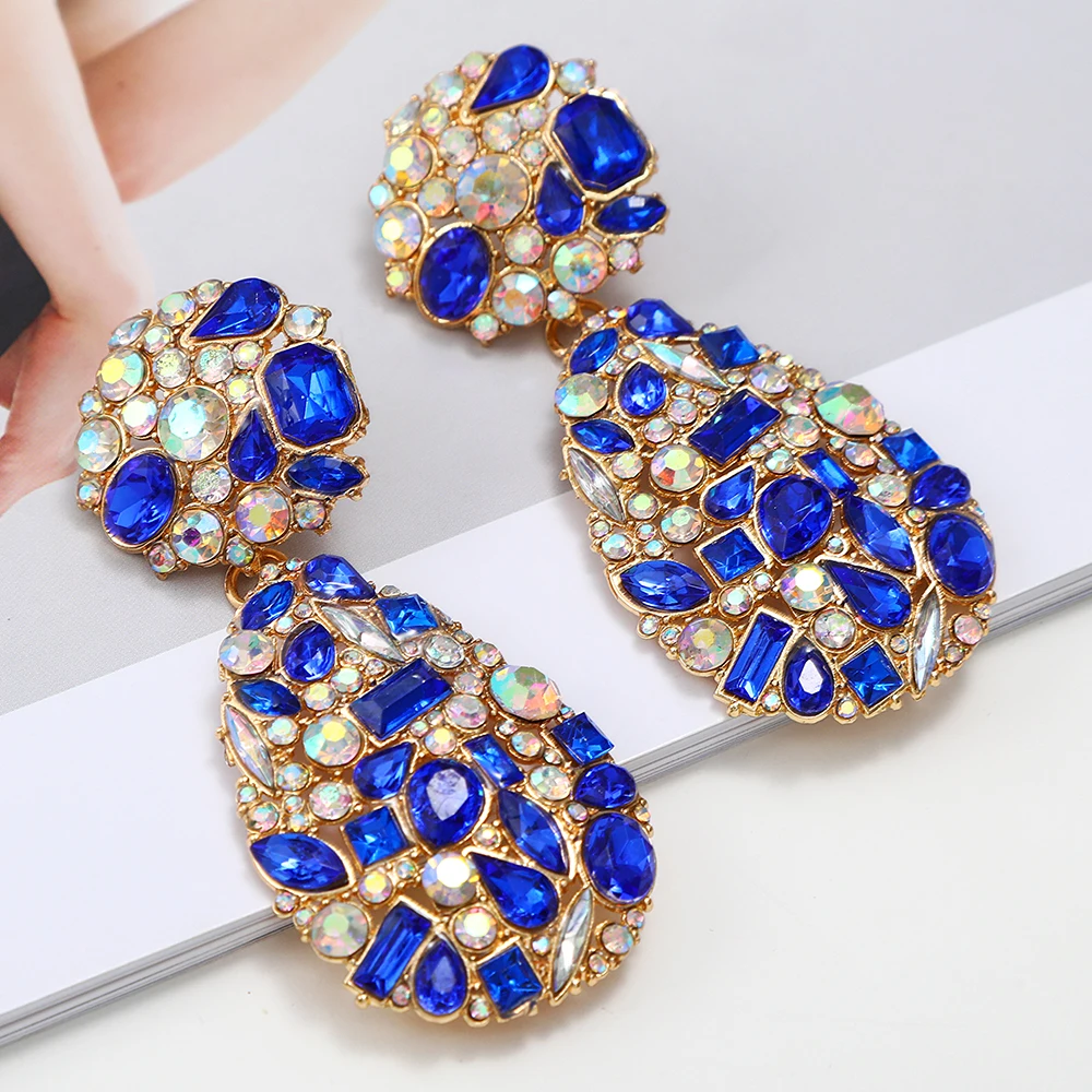 Vintage Teardrop Big Dangle Drop Earrings For Women Luxury Quality Colorful Crystal Unusual Pendientes Party Statement Jewelry