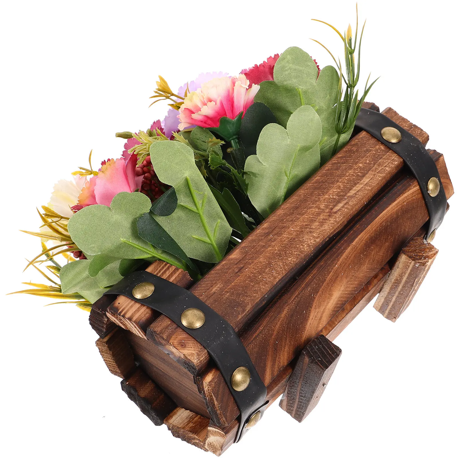

1Set Anti-Corrosion Wood Flower Box Barrel-Shaped Plant Pot Vintage Style Stable Base for Balcony Garden Dining Table Artificial