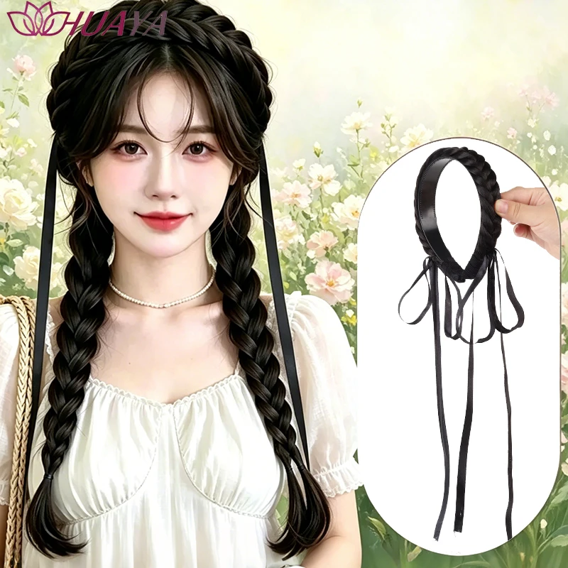 Women Double Braided Wig Headband Synthetic Fiber Long Black Ribbon Sweet Y2K Daily Dating Cosplay Hair Accessories